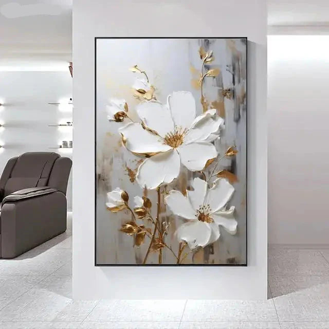 Big White Floral Canvas Wall Art Modern Botanical Decor