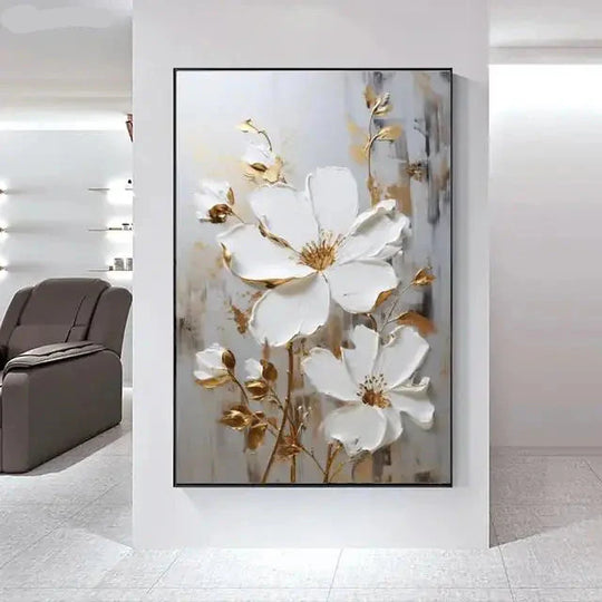 Big White Floral Canvas Wall Art Modern Botanical Decor