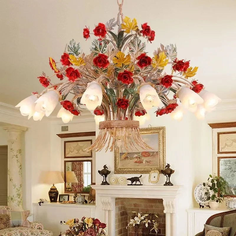 American Retro Glass Flower Chandelier for Living & Dining Room