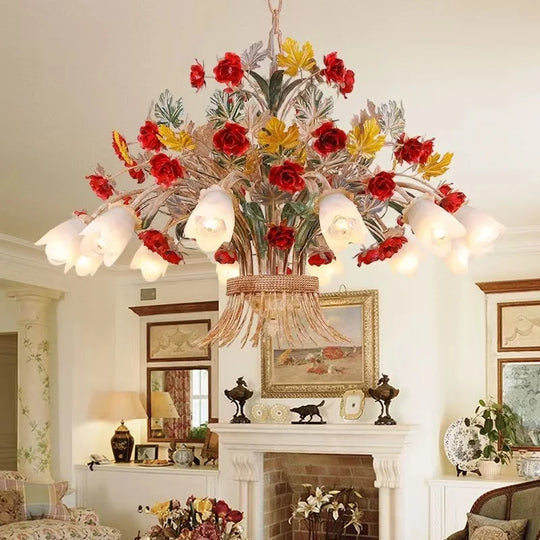 American Retro Glass Flower Chandelier for Living & Dining Room