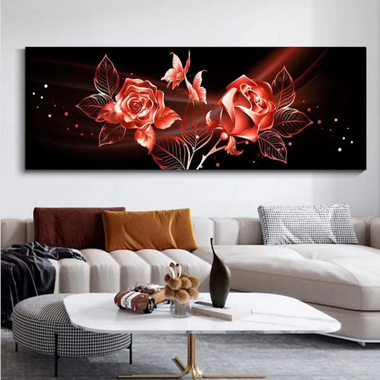 Black Golden Rose Floral Wide Format Canvas Wall Art