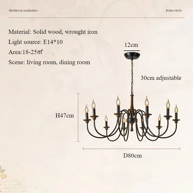 Nordic Retro Solid Wood & Wrought Iron Candle Chandelier – Art Deco Pendant Light