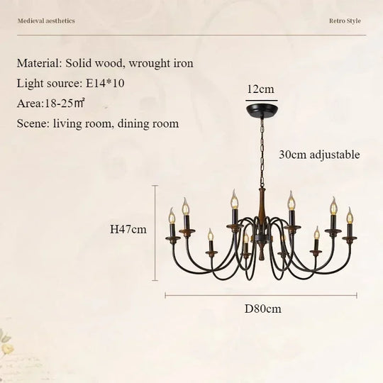 Nordic Retro Solid Wood & Wrought Iron Candle Chandelier – Art Deco Pendant Light