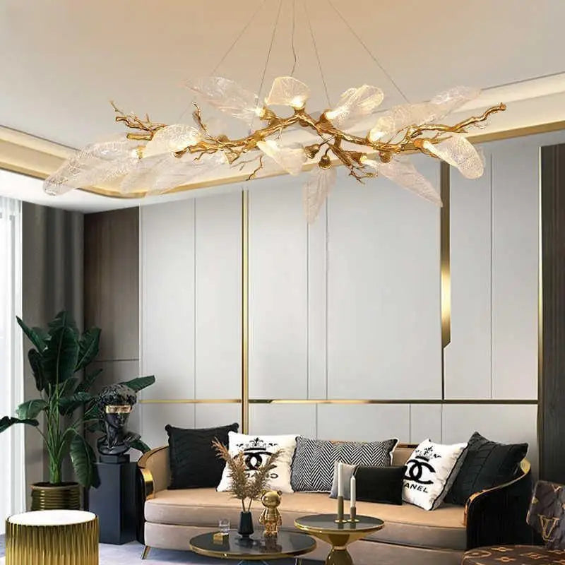 Luxury Copper Branch Chandelier with Artistic Resin Leaves