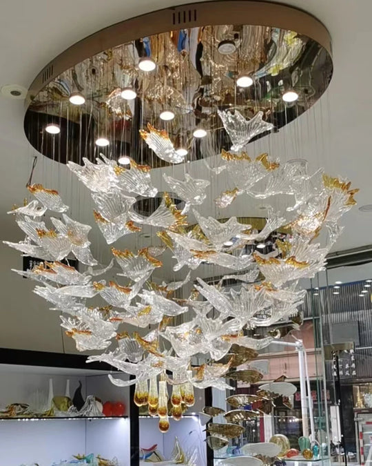 Modern Glass Leaf Pendant Chandelier – Clear & Gold Suspension Light