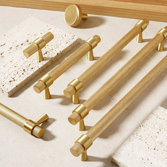 Solid Brass Knurled Furniture Handles – Textured Pulls and Knobs for Cabinets and Wardrobes