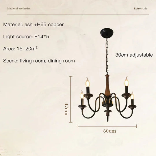 Nordic Retro Solid Wood & Wrought Iron Candle Chandelier – Art Deco Pendant Light
