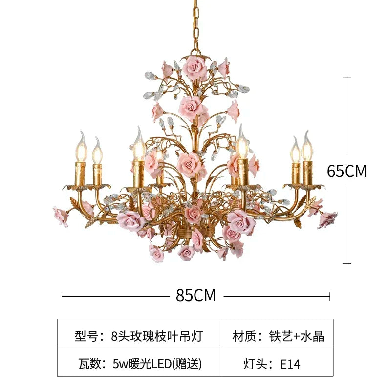 French Retro Pastoral Rose Ceiling Chandelier – Candle Style Lighting