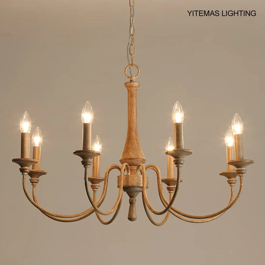 French Vintage Wooden Chandelier – Multi-Light Pendant for Living & Dining Rooms