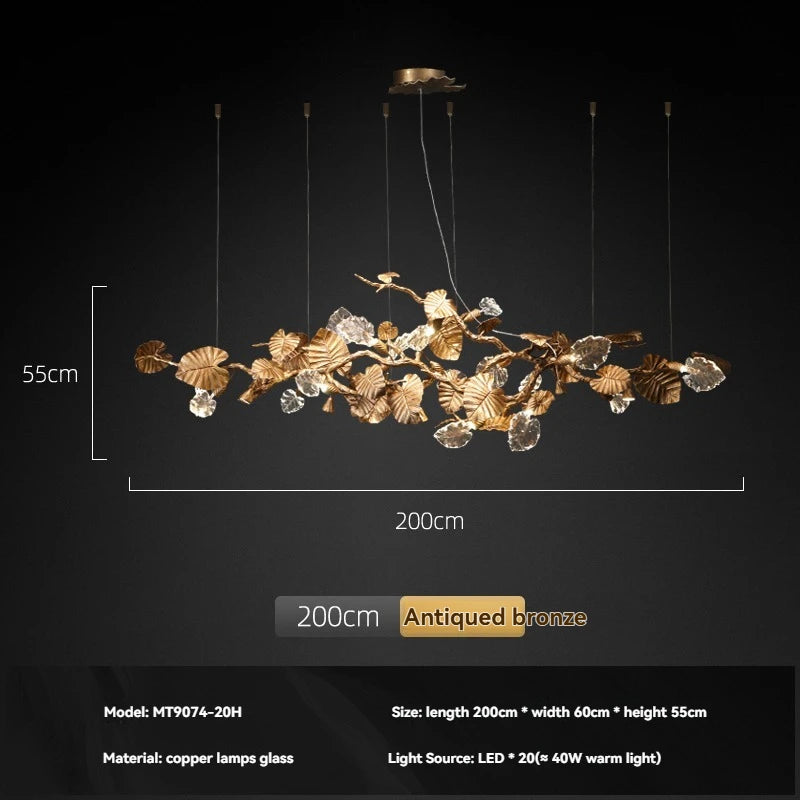 Luxury Copper Branch Chandelier with Leaf Crystal Pendant Lights