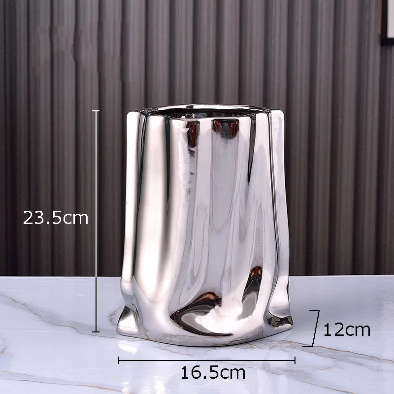 Pleated Texture Gold Plated Ceramic Vase for Desk and Home Decor