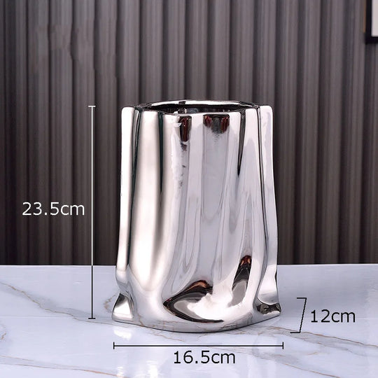 Pleated Texture Gold Plated Ceramic Vase for Desk and Home Decor
