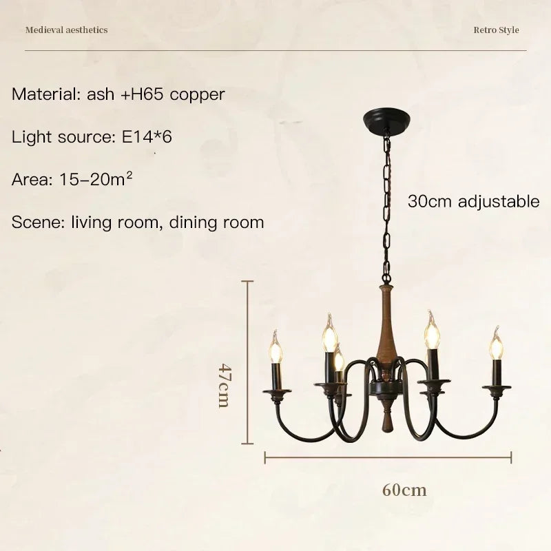 Nordic Retro Solid Wood & Wrought Iron Candle Chandelier – Art Deco Pendant Light