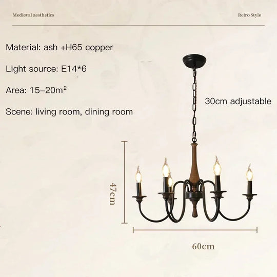 Nordic Retro Solid Wood & Wrought Iron Candle Chandelier – Art Deco Pendant Light