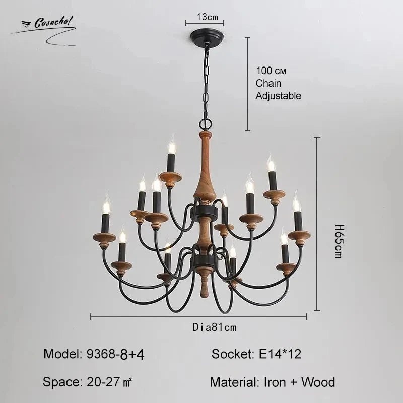 French Vintage Wooden Chandelier – Multi-Light Pendant for Living & Dining Rooms