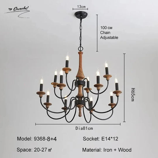 French Vintage Wooden Chandelier – Multi-Light Pendant for Living & Dining Rooms