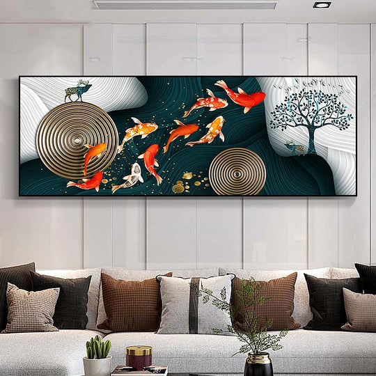 Abstract Golden Fish Wide Format Canvas Wall Art