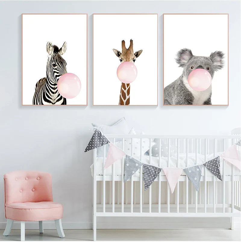 Baby Animals Pink Bubble Gum Nursery Canvas Wall Art