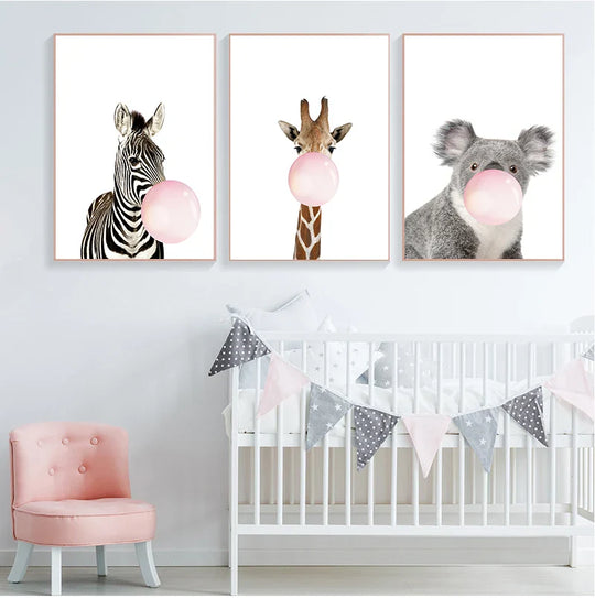 Baby Animals Pink Bubble Gum Nursery Canvas Wall Art