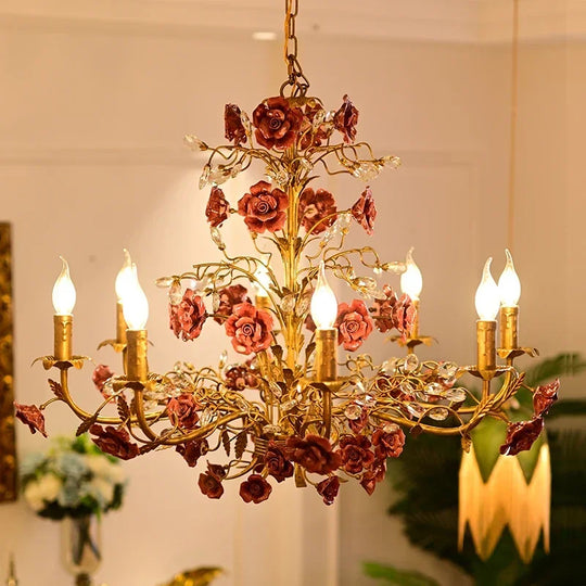 French Retro Pastoral Rose Ceiling Chandelier – Candle Style Lighting