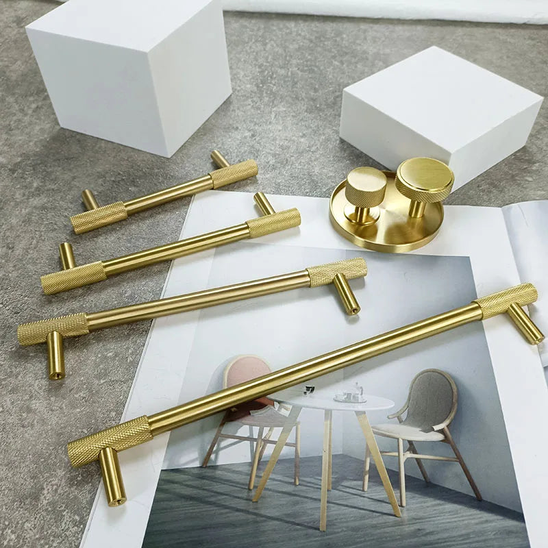 Solid Brass Knurled Cabinet Handles – Satin Gold Wardrobe Pulls and Drawer T-Bars