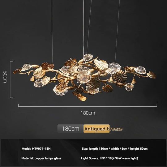 Luxury Copper Branch Chandelier with Leaf Crystal Pendant Lights