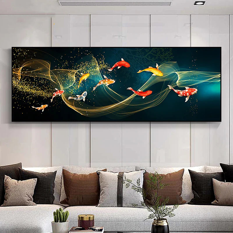 Abstract Golden Fish Wide Format Canvas Wall Art