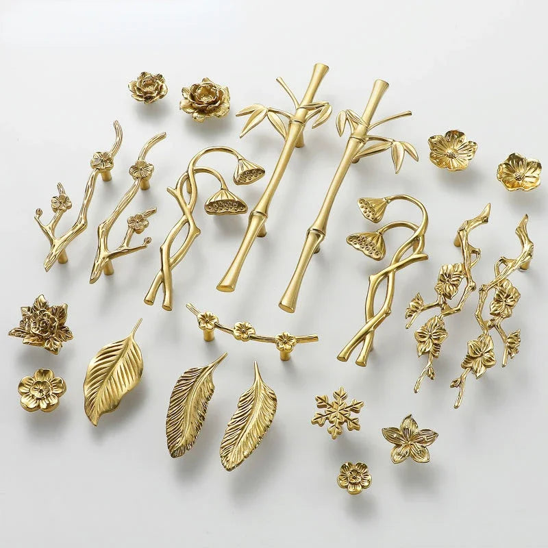 Luxury Brass Flower and Leaf Cabinet Handles – Chinese-Style Decorative Pulls