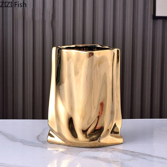 Pleated Texture Gold Plated Ceramic Vase for Desk and Home Decor