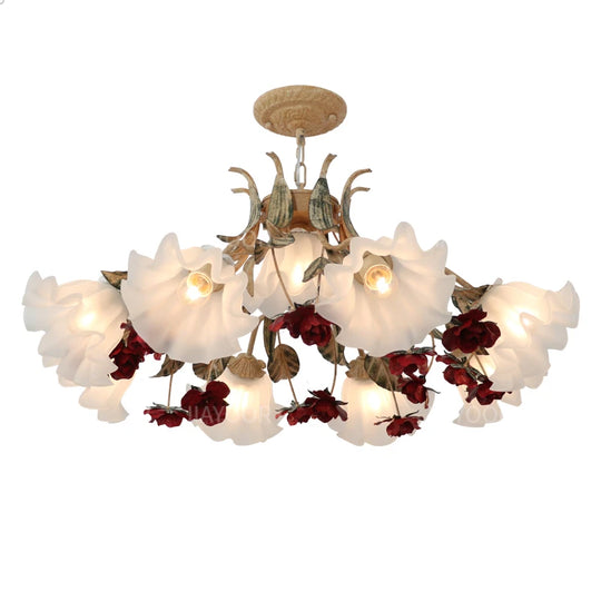 French Retro Flower Glass Chandelier for Bedroom & Living Room