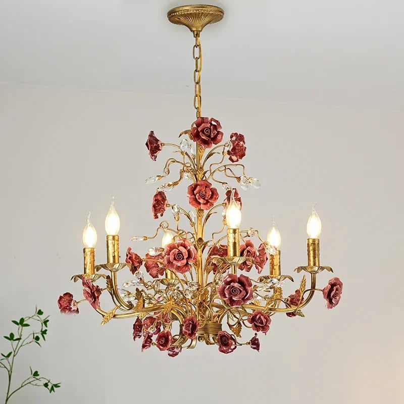 French Retro Pastoral Rose Ceiling Chandelier – Candle Style Lighting