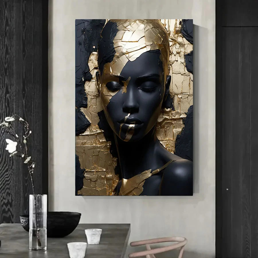 Abstract Black Golden Woman Portrait Canvas Wall Art