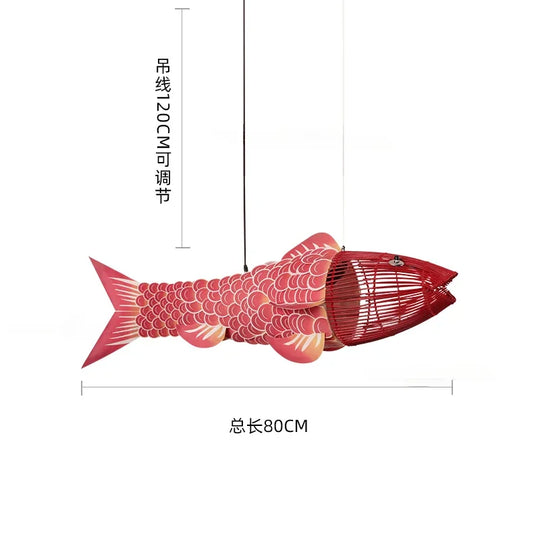 Modern Wooden Big Fish Pendant Light with Bamboo Design