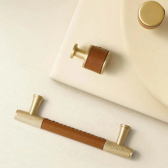 Brown and Black Leather Handles – Brass Knurled Pulls and Knobs for Furniture