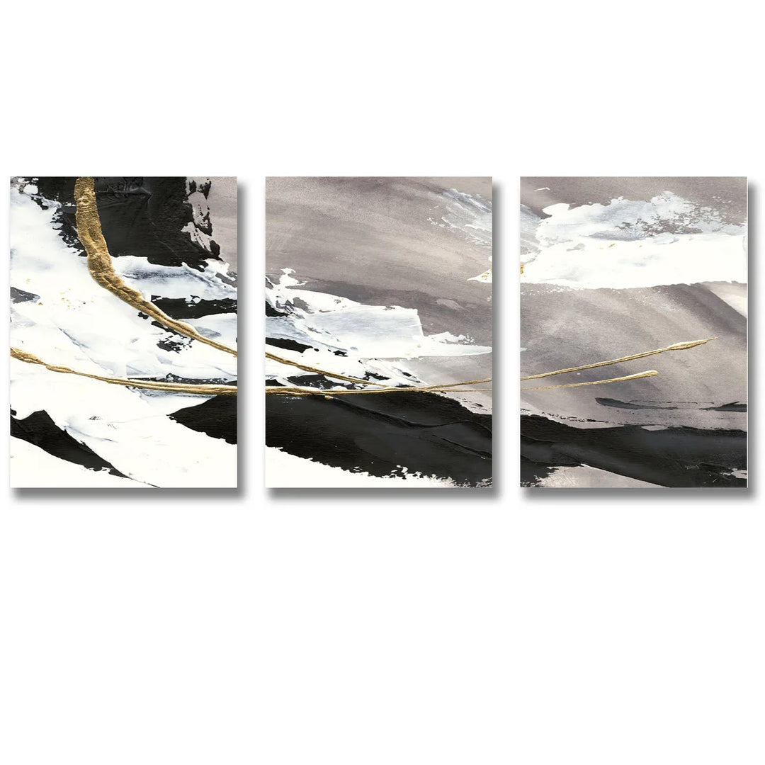 Grey Black Golden Abstract Triptych Canvas Wall Art Set of 3 Unframed