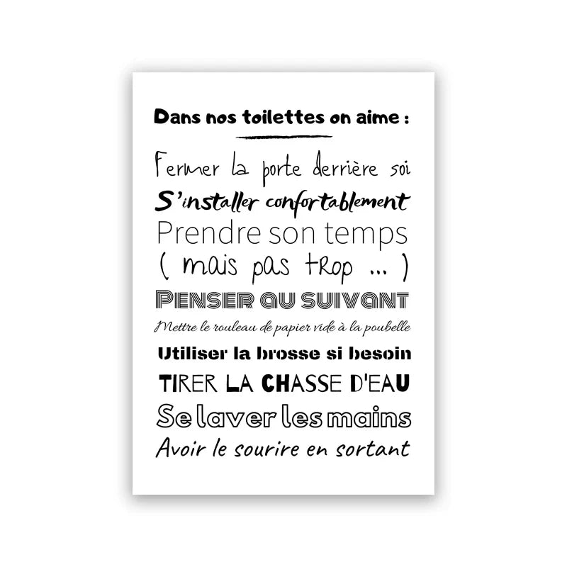 Bathroom Rules French Quotes Black White Canvas Wall Art