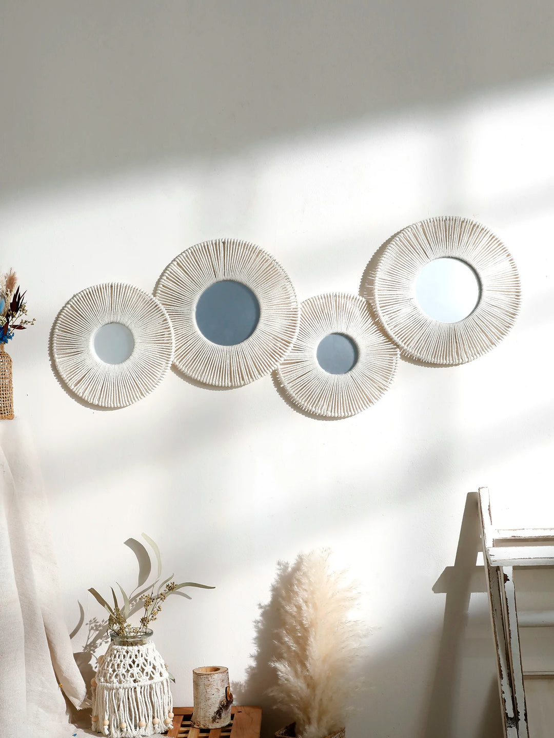 Round Hanging Wall Mirror with Woven Hemp Rope Decor