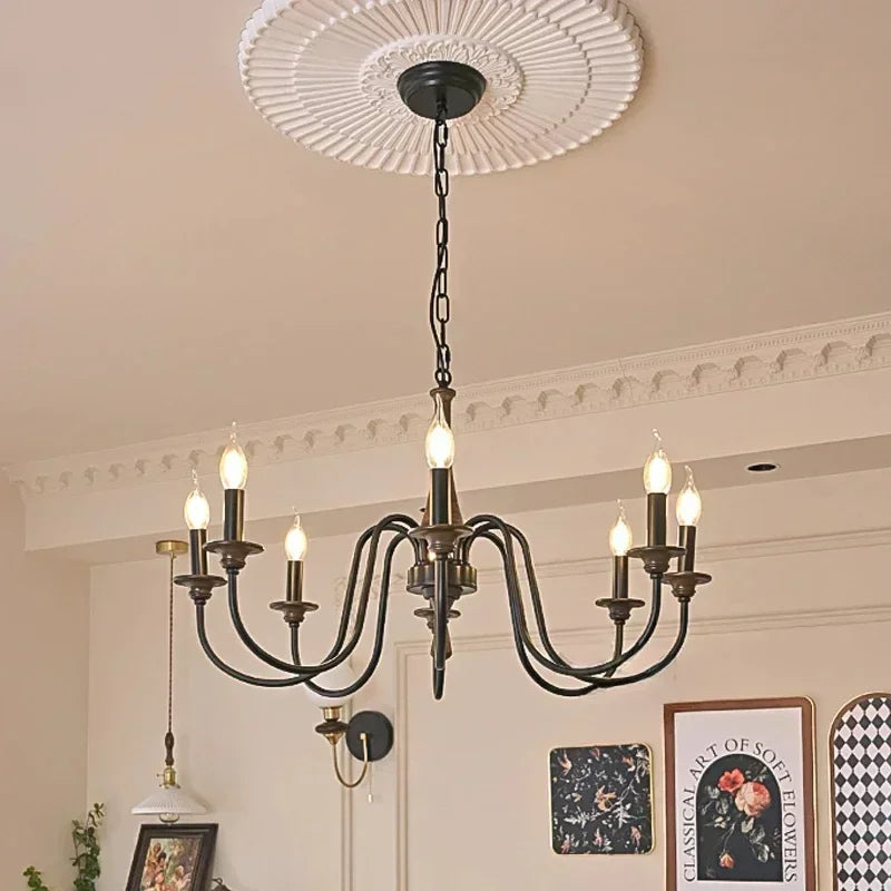 Nordic Retro Solid Wood & Wrought Iron Candle Chandelier – Art Deco Pendant Light