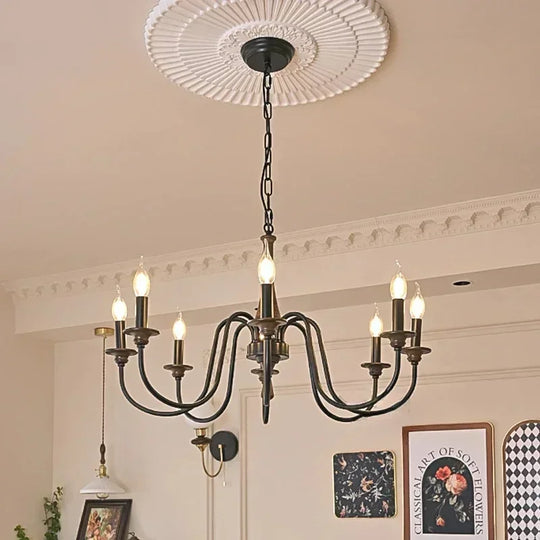 Nordic Retro Solid Wood & Wrought Iron Candle Chandelier – Art Deco Pendant Light