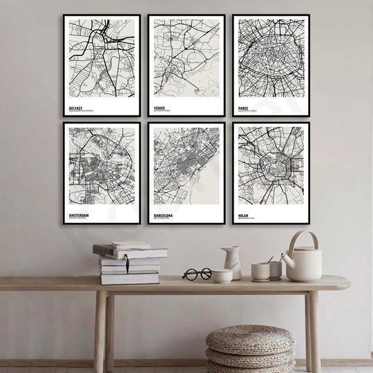 Minimalist Black White City Map Wall Art Canvas Print