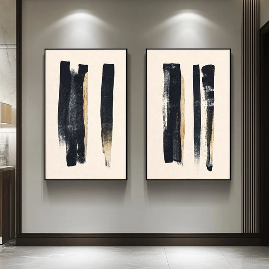 Minimalist Black Beige Thick Brush Abstract Canvas Wall Art Set of 2