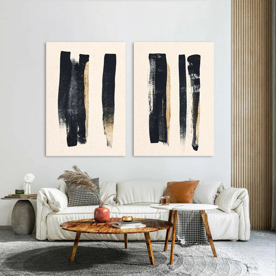 Minimalist Black Beige Thick Brush Abstract Canvas Wall Art Set of 2