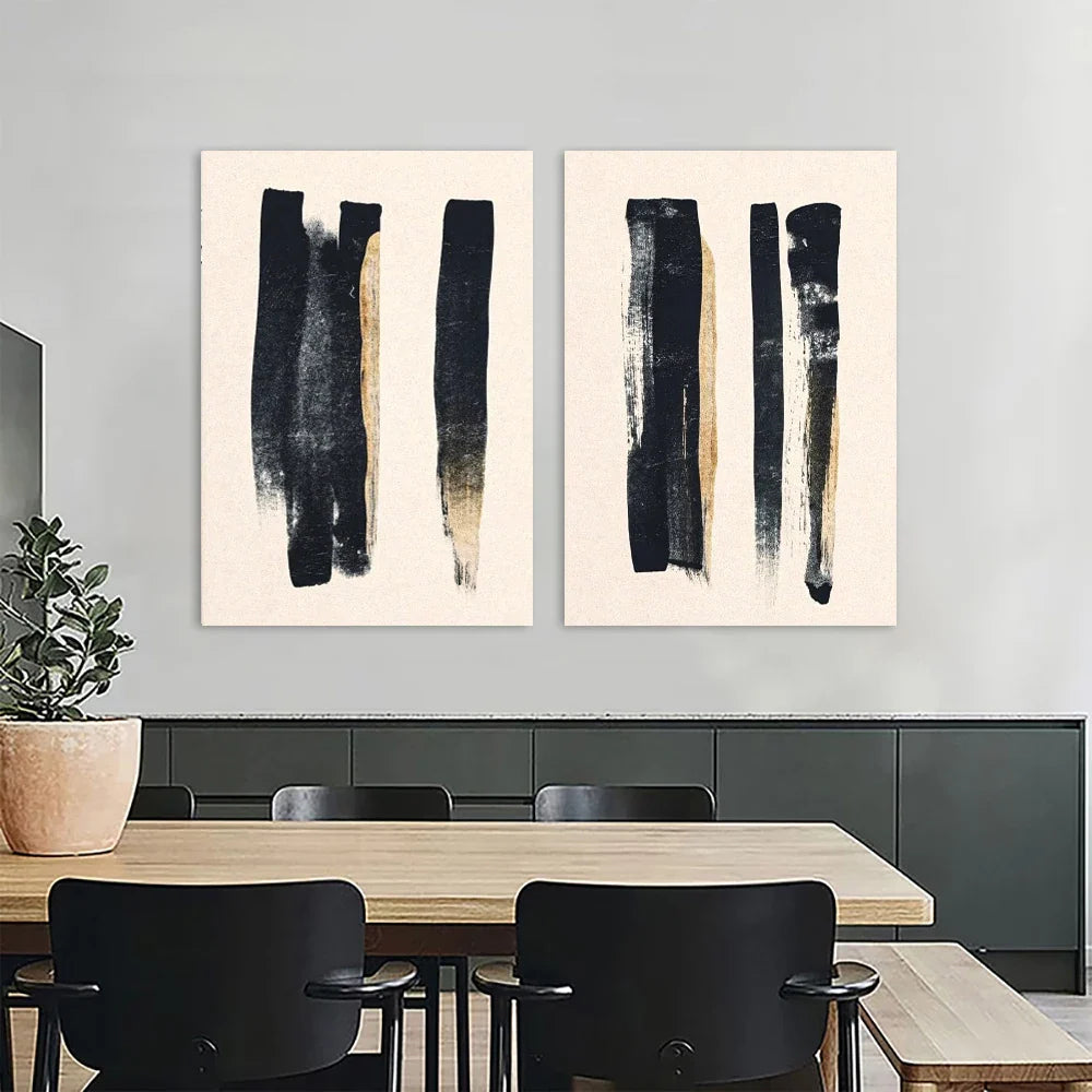 Minimalist Black Beige Thick Brush Abstract Canvas Wall Art Set of 2