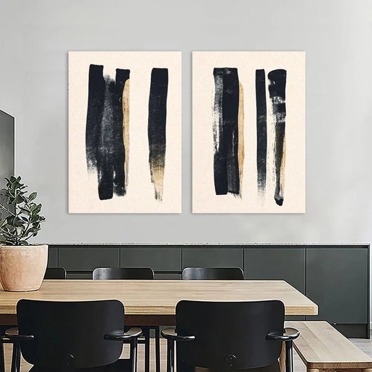 Minimalist Black Beige Thick Brush Abstract Canvas Wall Art Set of 2