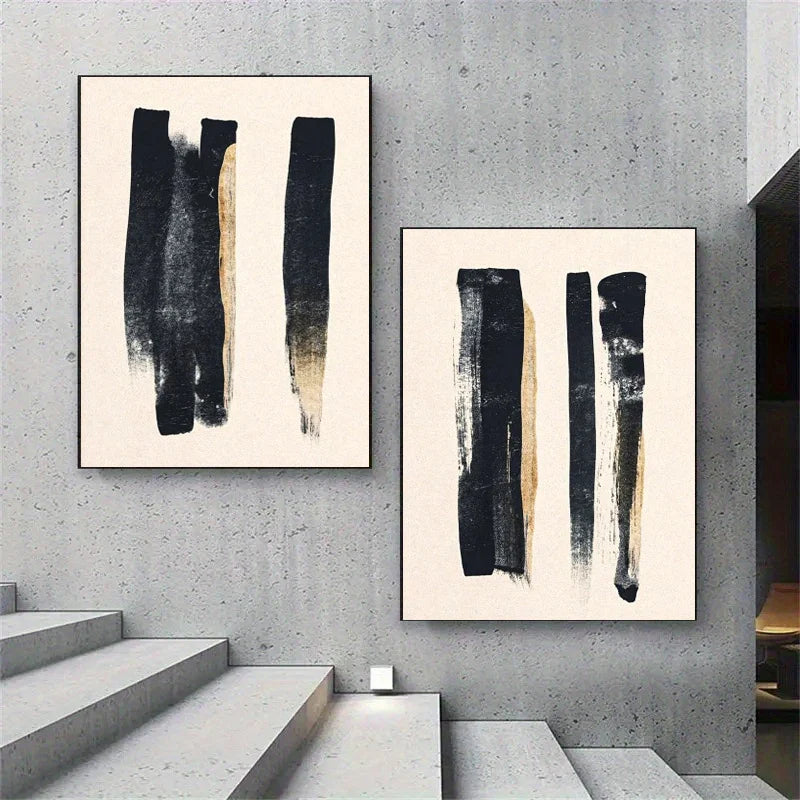 Minimalist Black Beige Thick Brush Abstract Canvas Wall Art Set of 2