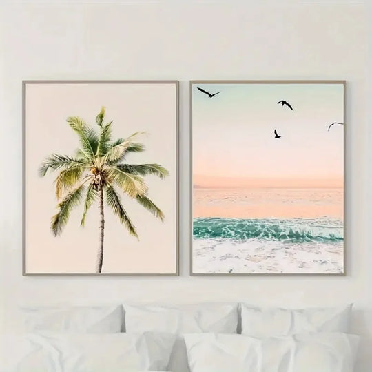 Tropical Beach Sunrise Palm Tree Canvas Wall Art Set of 2