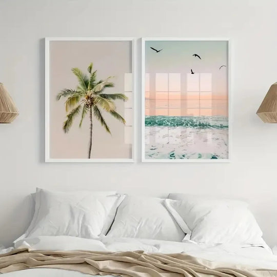 Tropical Beach Sunrise Palm Tree Canvas Wall Art Set of 2