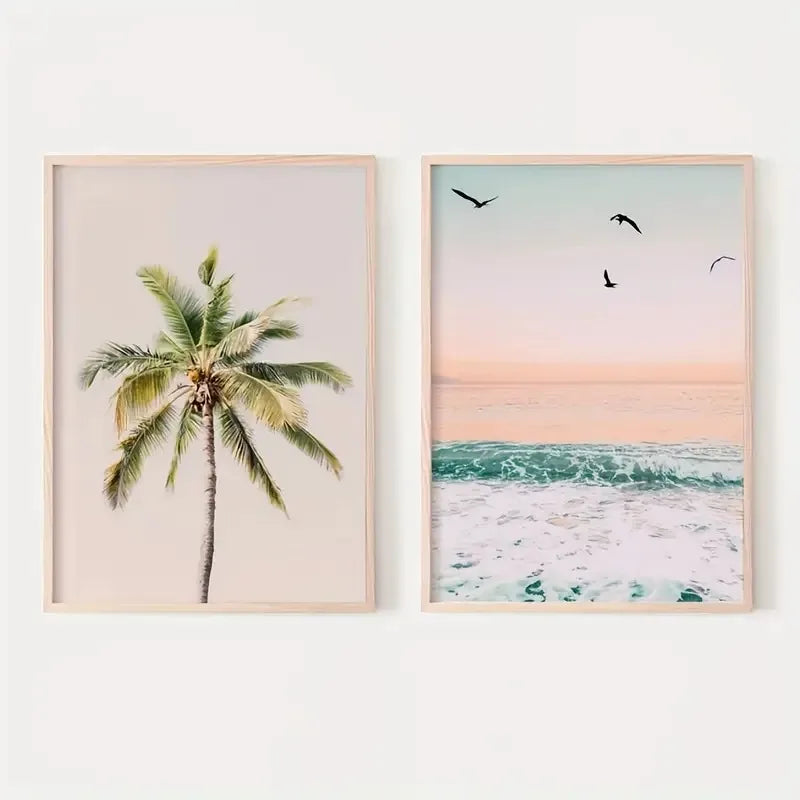 Tropical Beach Sunrise Palm Tree Canvas Wall Art Set of 2