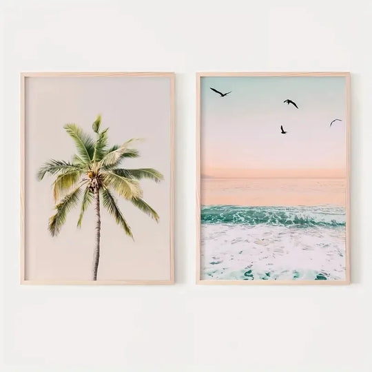 Tropical Beach Sunrise Palm Tree Canvas Wall Art Set of 2