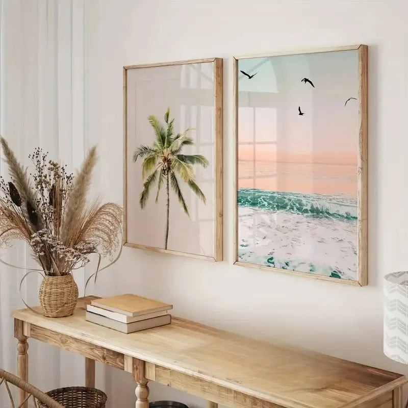 Tropical Beach Sunrise Palm Tree Canvas Wall Art Set of 2